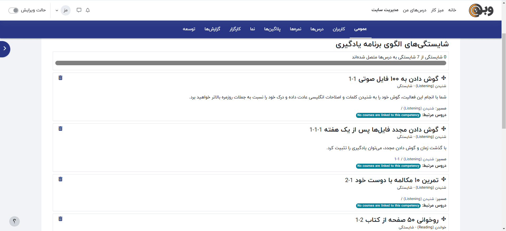 ترتیب شایستگی‌ها در برنامه‌ی آموزش در مودل
