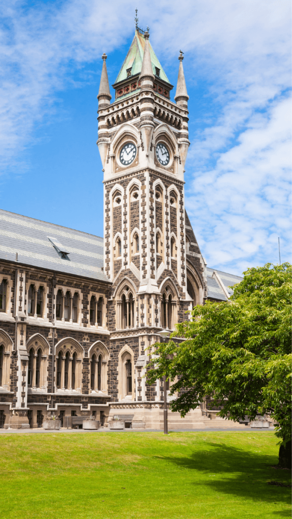 Clocktower of University of Otago Registry Building in Dunedin New Zealand